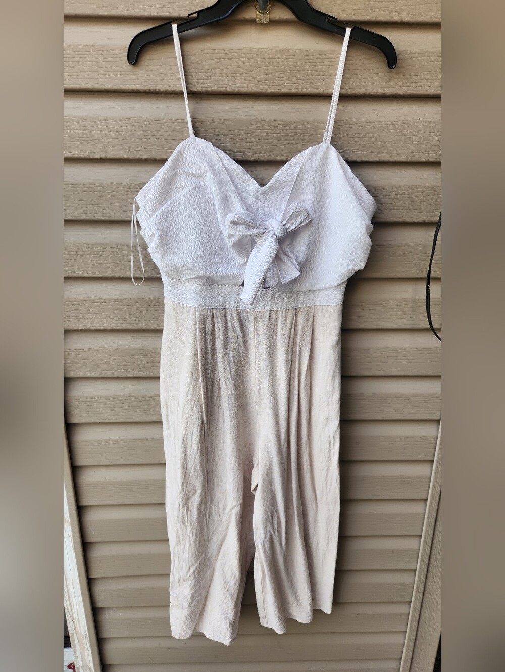 Fashion Nova White and Beige Tie-Front Jumpsuit